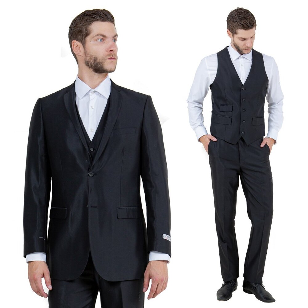 Black Super Shiny Satin 3pc Mens Suit w/ Notch Lapel (Slim-Fit)